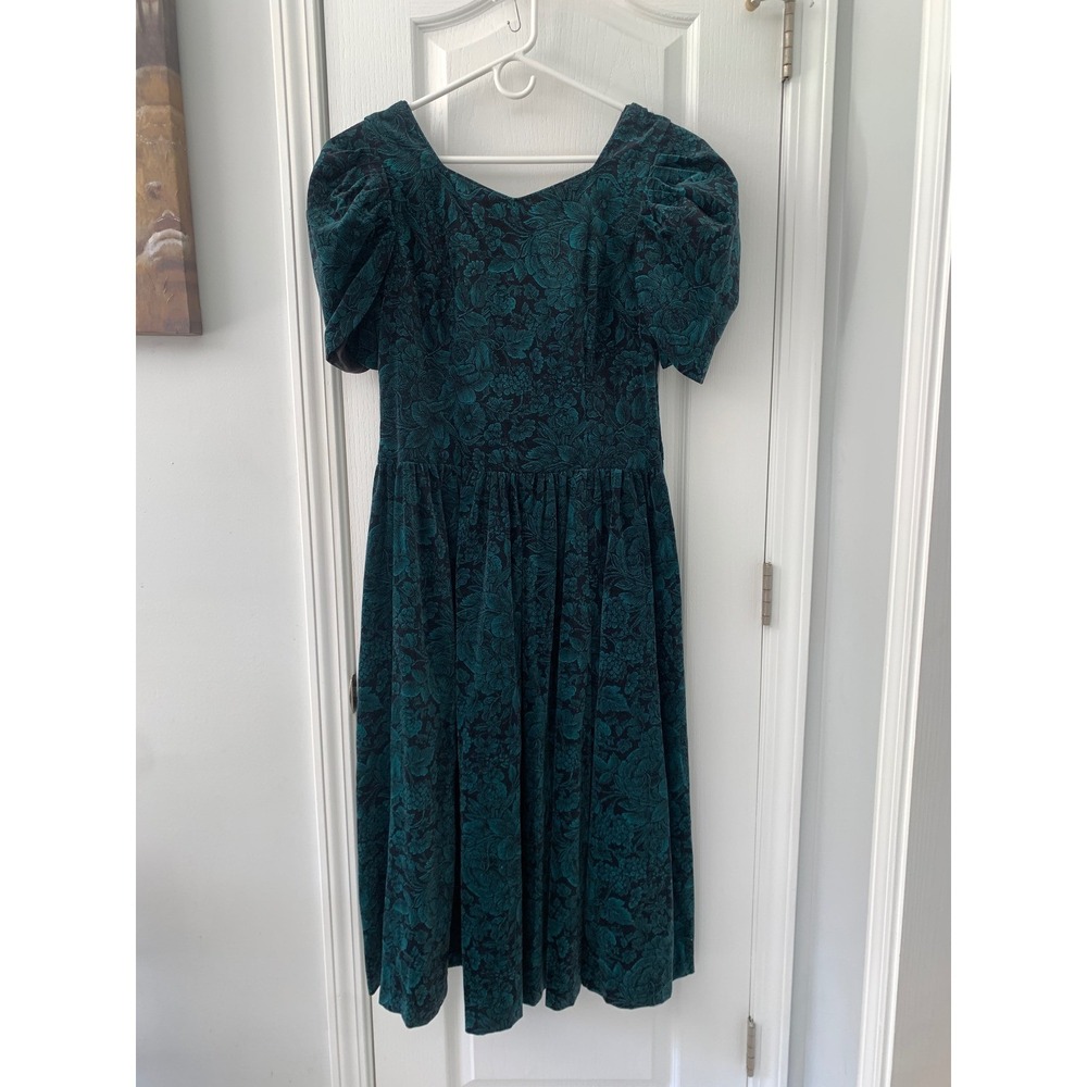 Vintage Laura Ashley Floral Corduroy Midi Dress Teal Black Puff Sleeve Bow sz 14